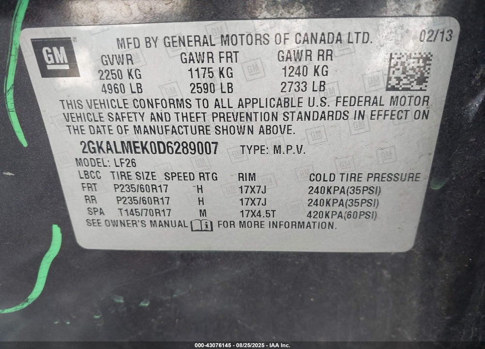 2013 GMC TERRAIN VIN: 2GKALMEK0D6289007