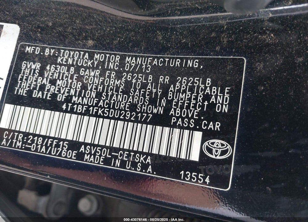 2013 TOYOTA CAMRY SE VIN: 4T1BF1FK5DU292177