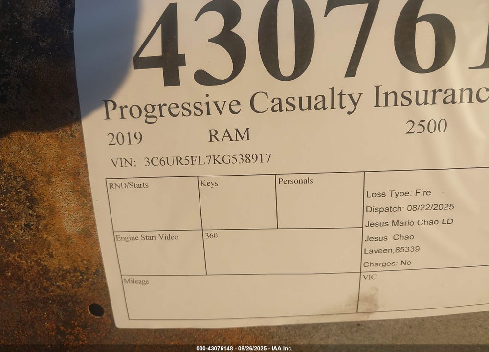 2019 RAM 2500 VIN: 3C6UR5FL7KG538917
