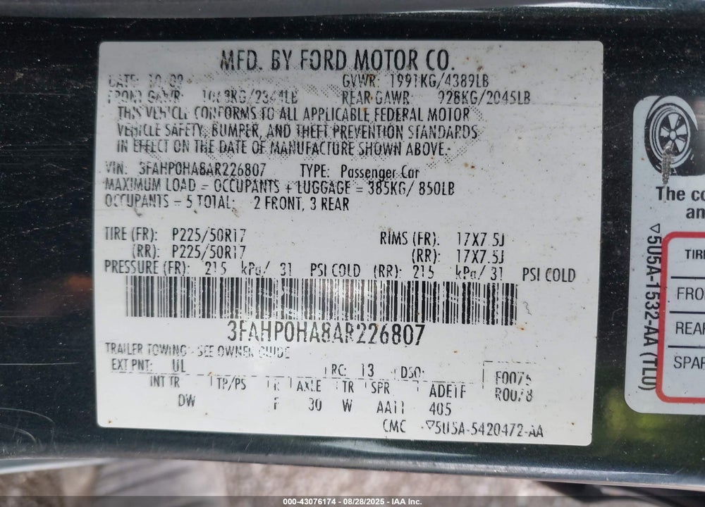 2010 FORD FUSION VIN: 3FAHP0HA8AR226807