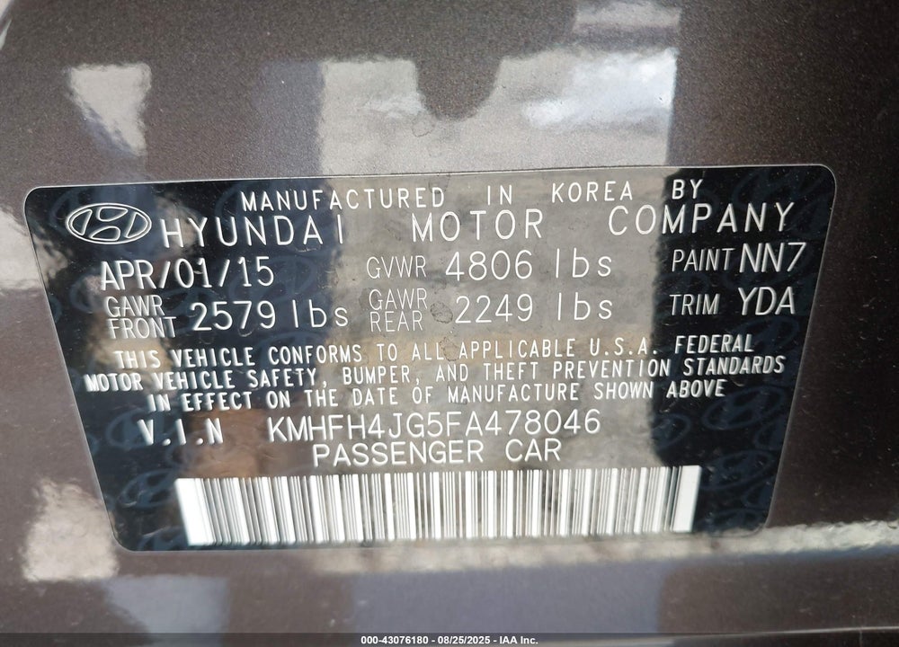 2015 HYUNDAI AZERA VIN: KMHFH4JG5FA478046