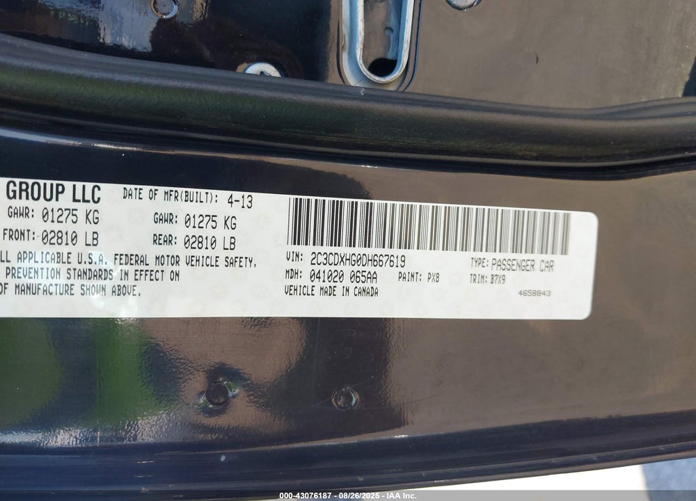 2013 DODGE CHARGER VIN: 2C3CDXHG0DH667619