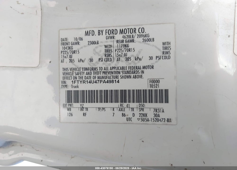2007 FORD RANGER SPORT/STX/XL/XLT VIN: 1FTYR14U47PA49814