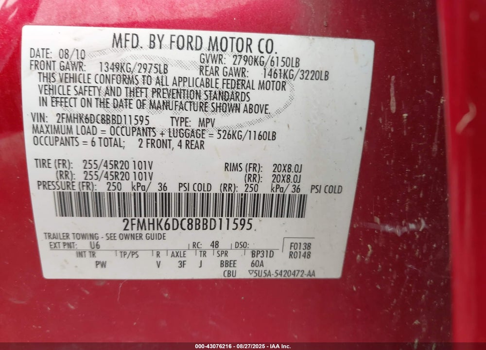 2011 FORD FLEX VIN: 2FMHK6DC8BBD11595