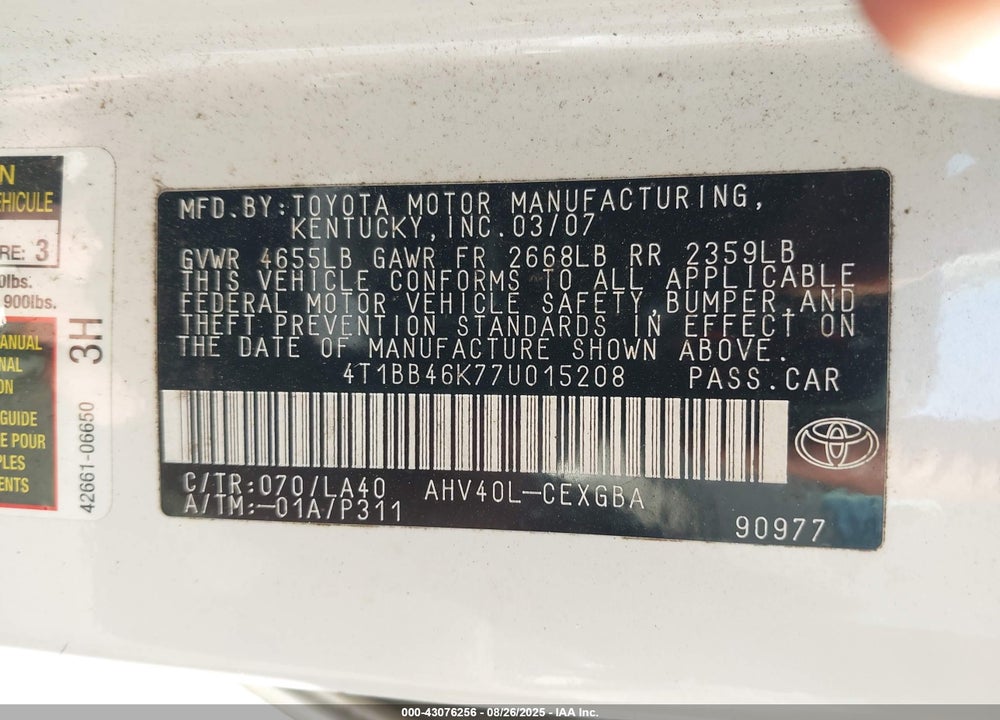 2007 TOYOTA CAMRY HYBRID VIN: 4T1BB46K77U015208