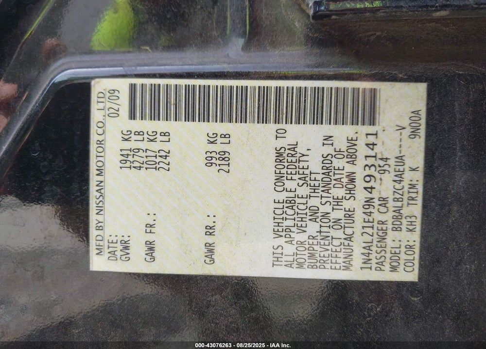2009 NISSAN ALTIMA VIN: 1N4AL21E49N493141