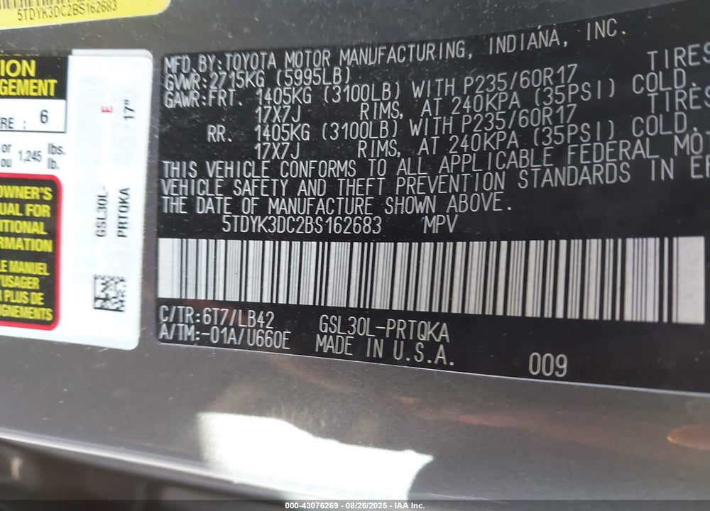 2011 TOYOTA SIENNA XLE V6 VIN: 5TDYK3DC2BS162683
