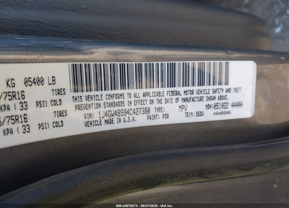 2004 JEEP GRAND CHEROKEE LAREDO VIN: 1J4GW48S94C427380
