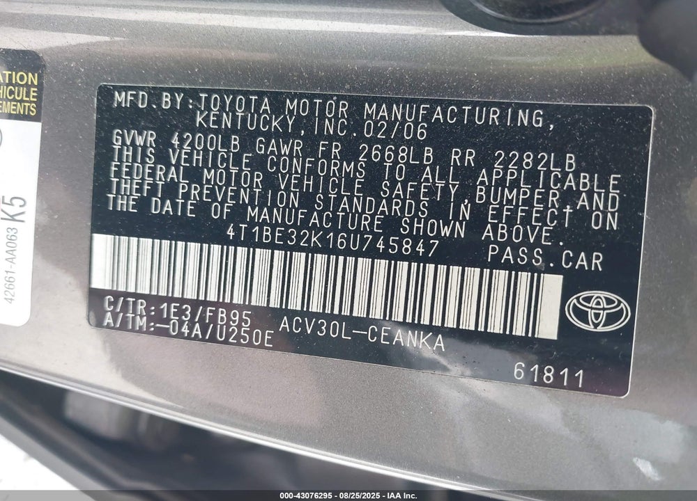 2006 TOYOTA CAMRY STD/ VIN: 4T1BE32K16U745847