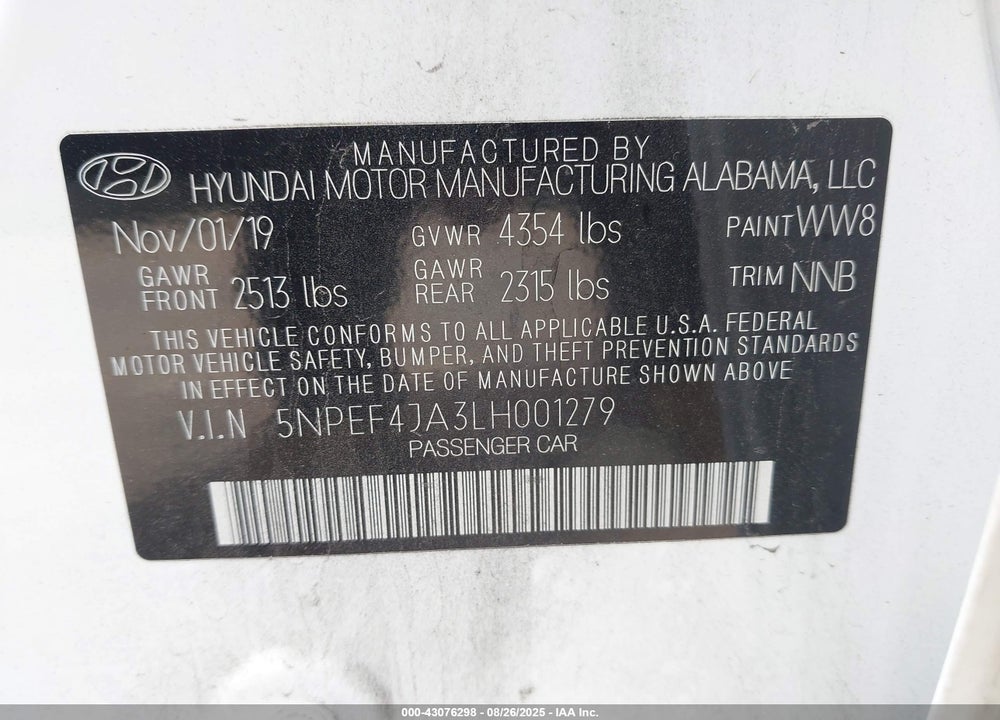 2020 HYUNDAI SONATA VIN: 5NPEF4JA3LH001279