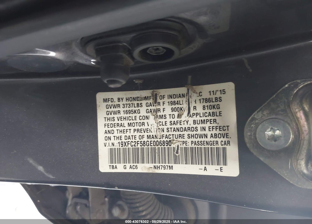 2016 HONDA CIVIC VIN: 19XFC2F58GE006890