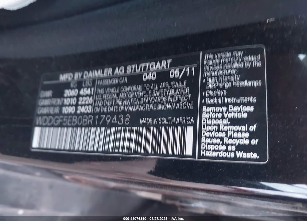 2011 MERCEDES-BENZ C 300 LUXURY/SPORT VIN: WDDGF5EB0BR179438