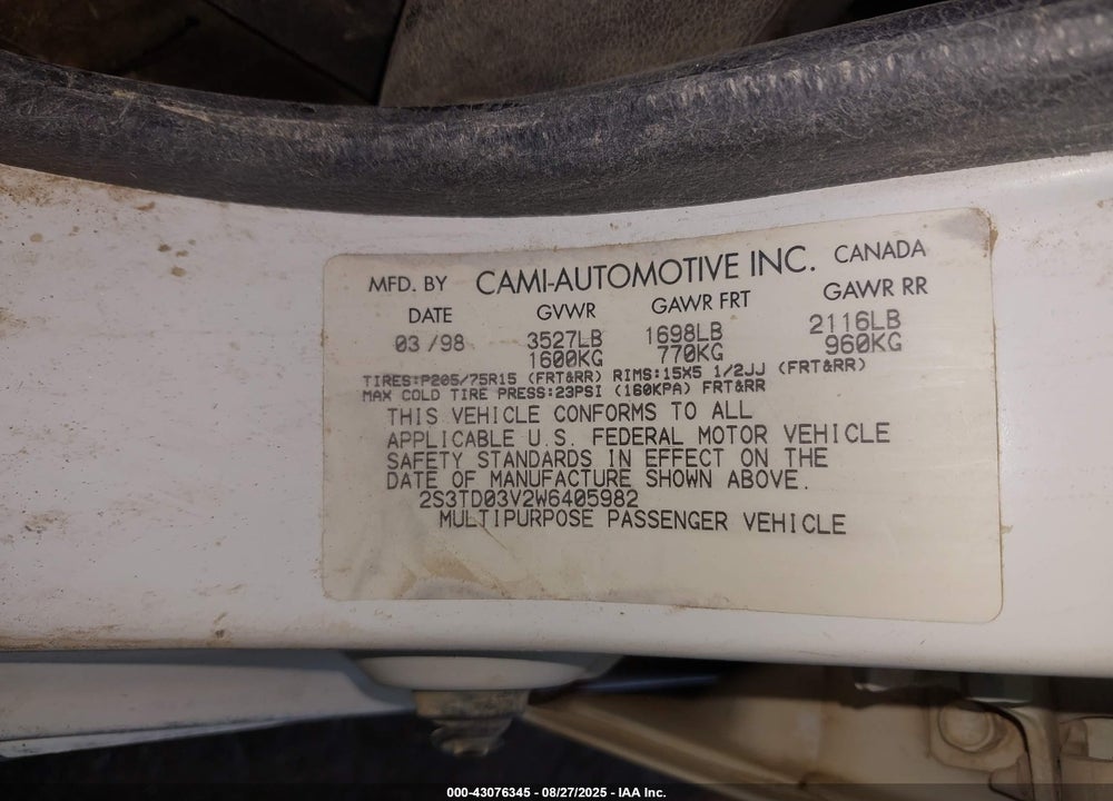 1998 SUZUKI SIDEKICK JX VIN: 2S3TD03V2W6405982