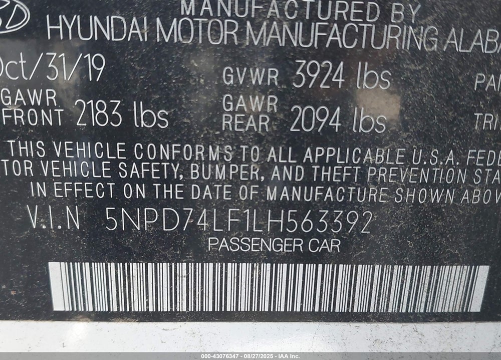 2020 HYUNDAI ELANTRA VIN: 5NPD74LF1LH563392