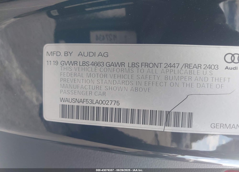 2020 AUDI A5 PREMIUM 45 TFSI QUATTRO S TRONIC VIN: WAUSNAF53LA002775