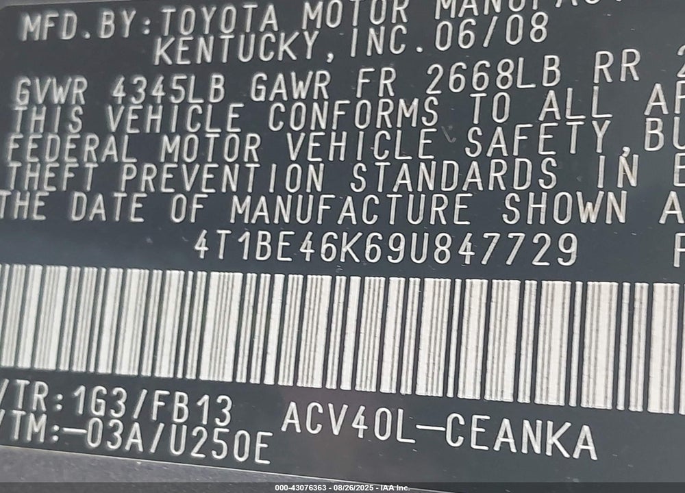2009 TOYOTA CAMRY VIN: 4T1BE46K69U847729