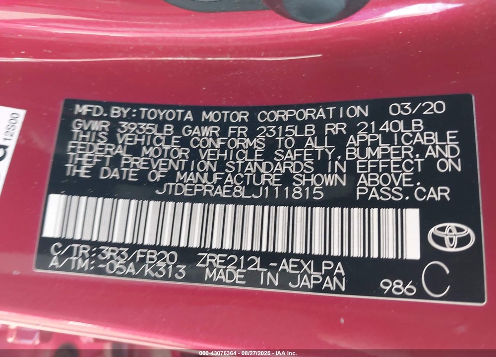 2020 TOYOTA COROLLA VIN: JTDEPRAE8LJ111815