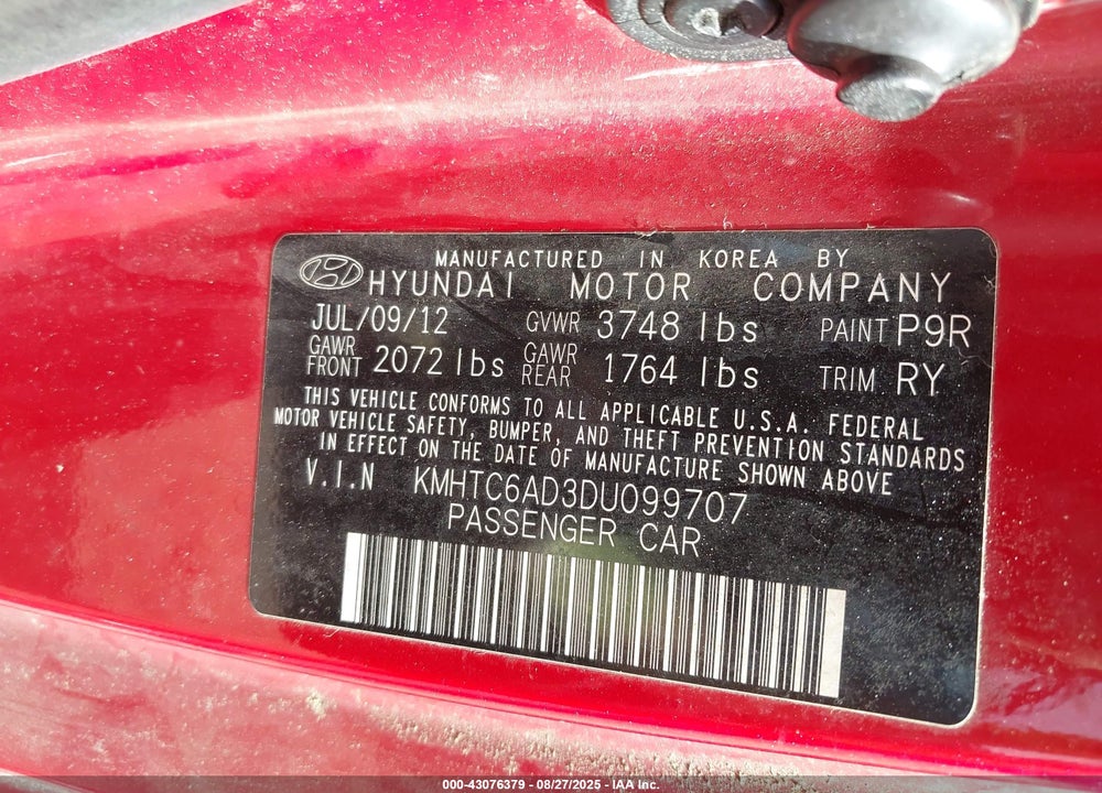 2013 HYUNDAI VELOSTER VIN: KMHTC6AD3DU099707