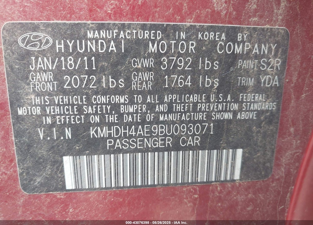 2011 HYUNDAI ELANTRA VIN: KMHDH4AE9BU093071
