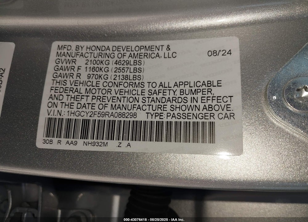 2024 HONDA ACCORD VIN: 1HGCY2F59RA088298