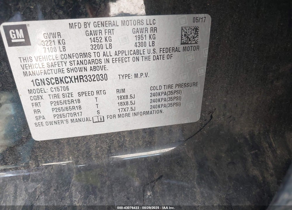2017 CHEVROLET TAHOE LT VIN: 1GNSCBKCXHR332030