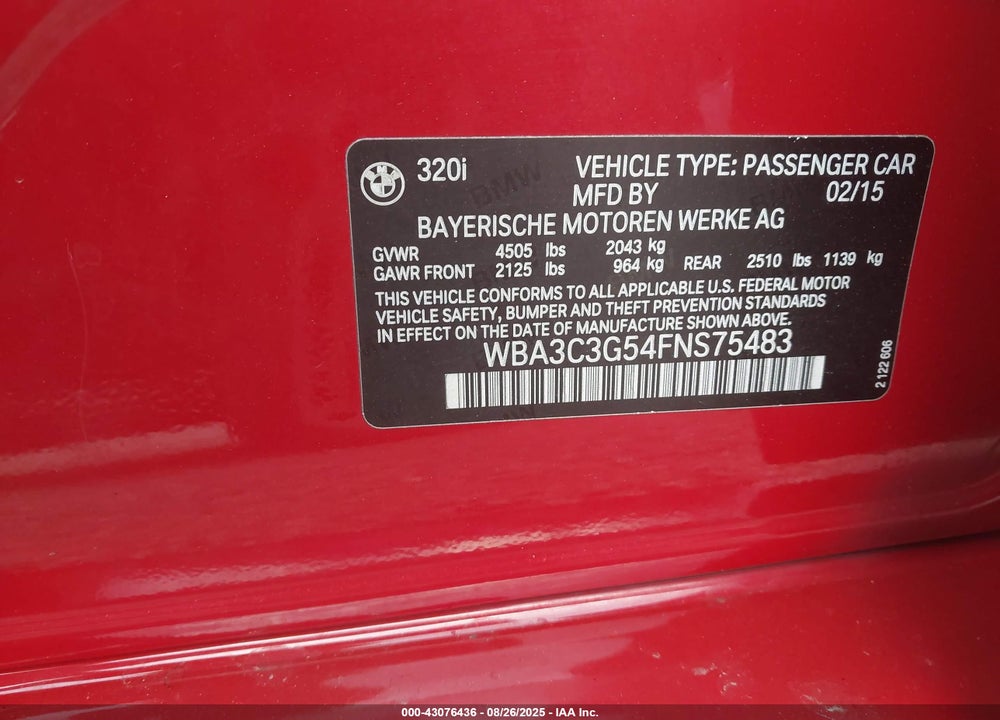 2015 BMW 3 SERIES VIN: WBA3C3G54FNS75483