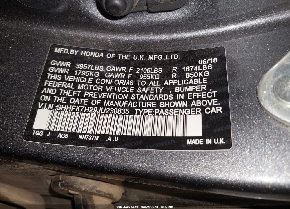2018 HONDA CIVIC VIN: SHHFK7H29JU230835