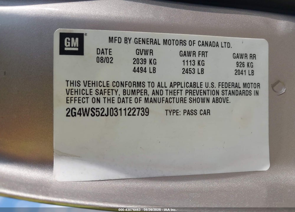 2003 BUICK CENTURY CUSTOM VIN: 2G4WS52J031122739