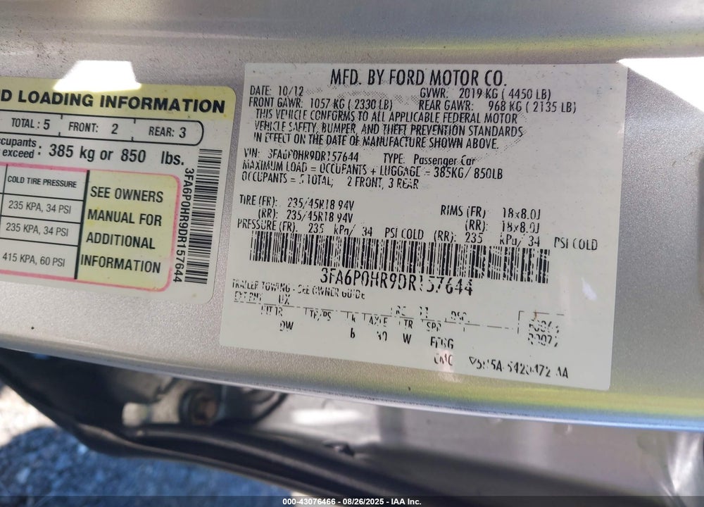 2013 FORD FUSION VIN: 3FA6P0HR9DR157644
