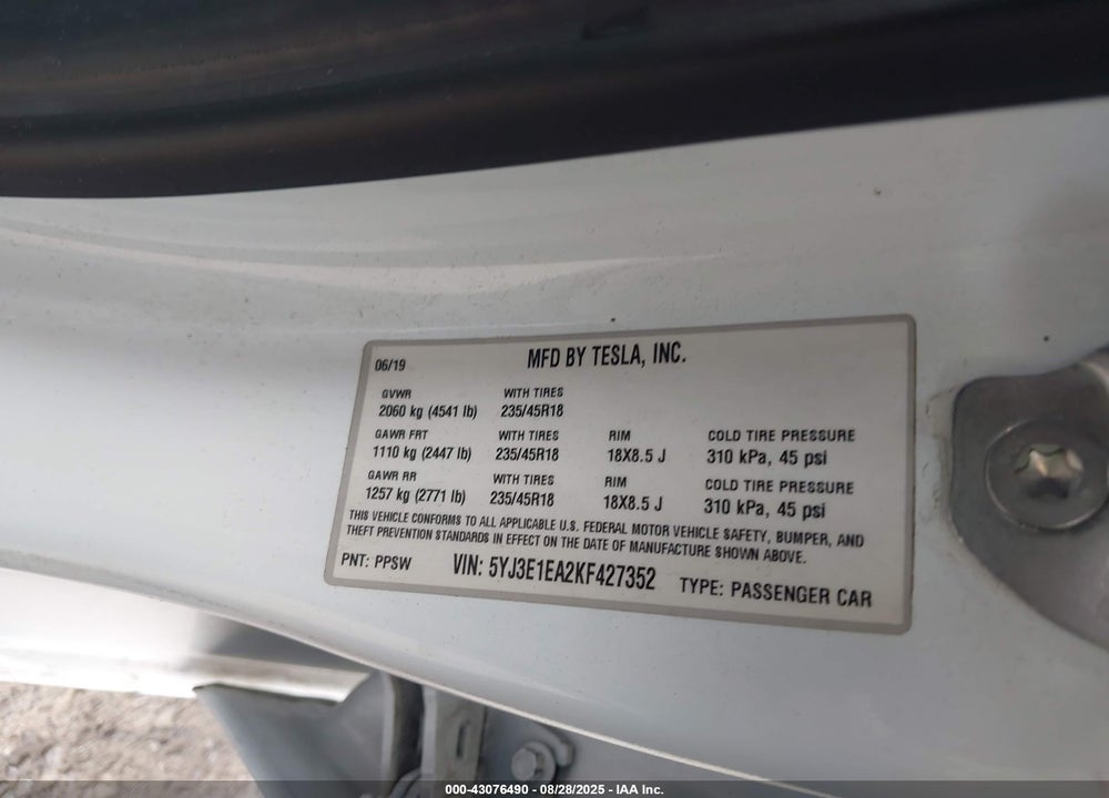 2019 TESLA MODEL 3 VIN: 5YJ3E1EA2KF427352