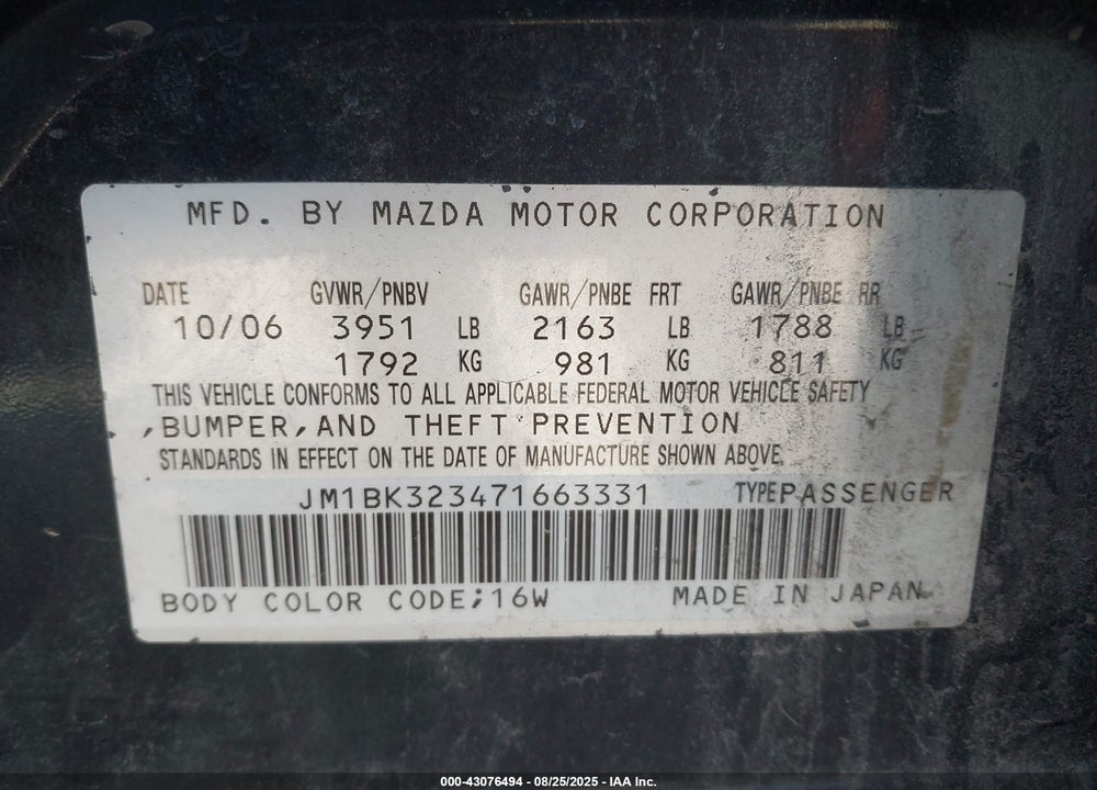 2007 MAZDA 3 S GRAND TOURING VIN: JM1BK323471663331