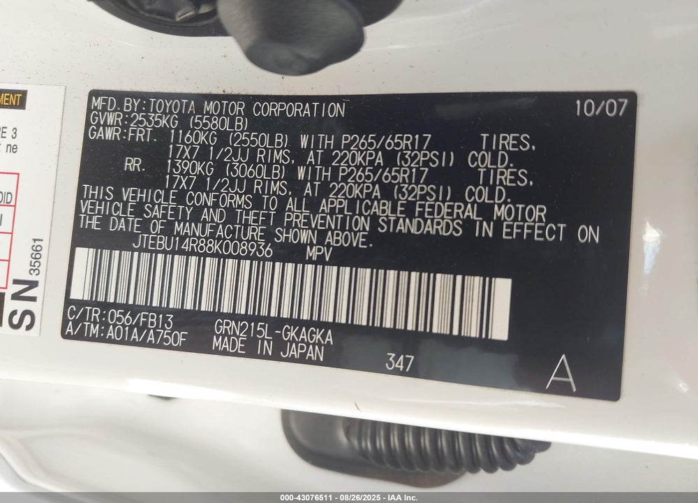 2008 TOYOTA 4RUNNER SPORT V6 VIN: JTEBU14R88K008936