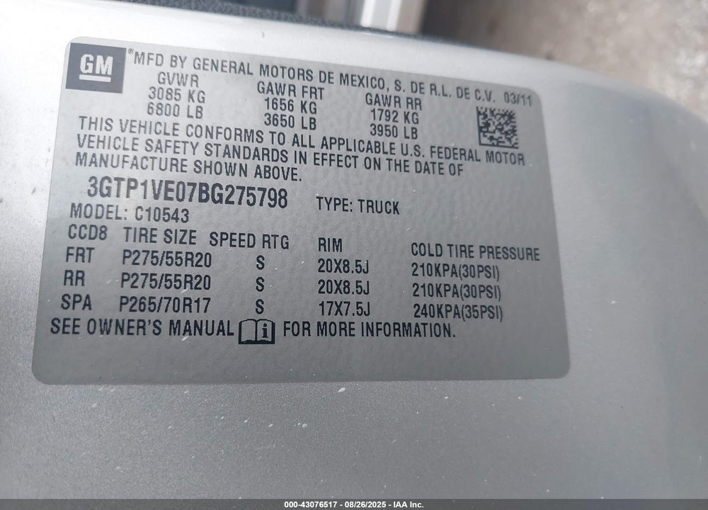 2011 GMC SIERRA 1500 VIN: 3GTP1VE07BG275798