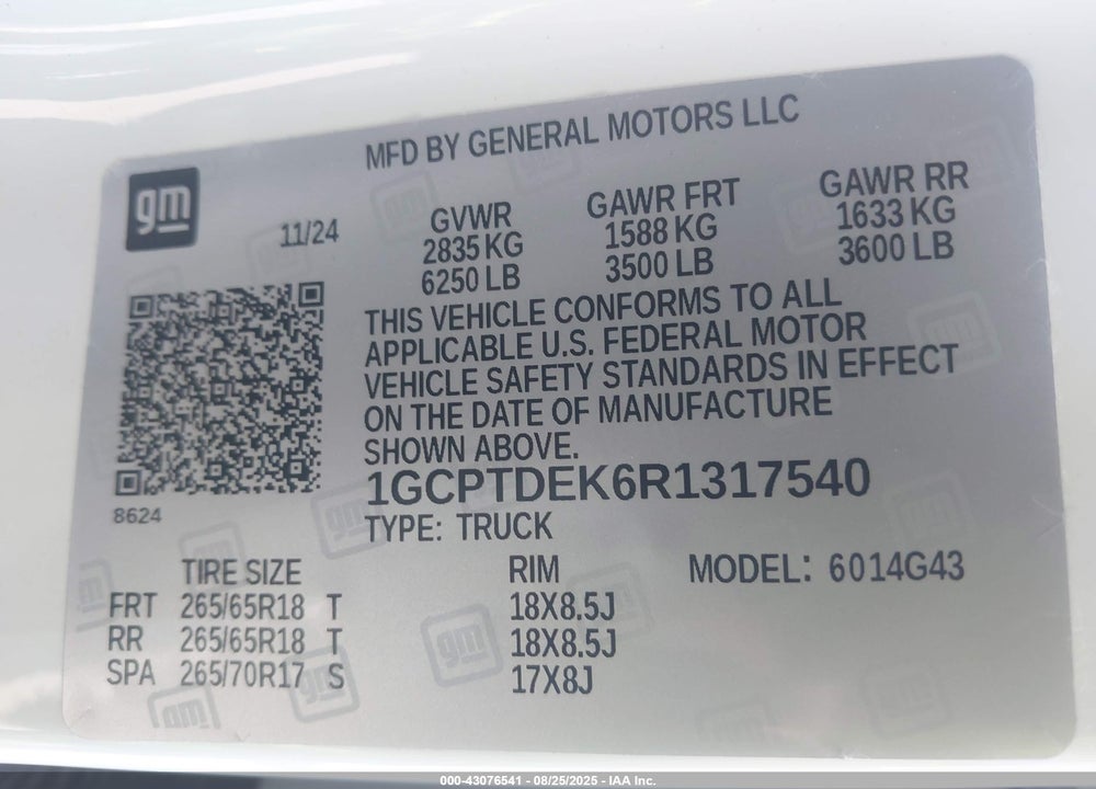 2024 CHEVROLET COLORADO 4WD Z71 VIN: 1GCPTDEK6R1317540