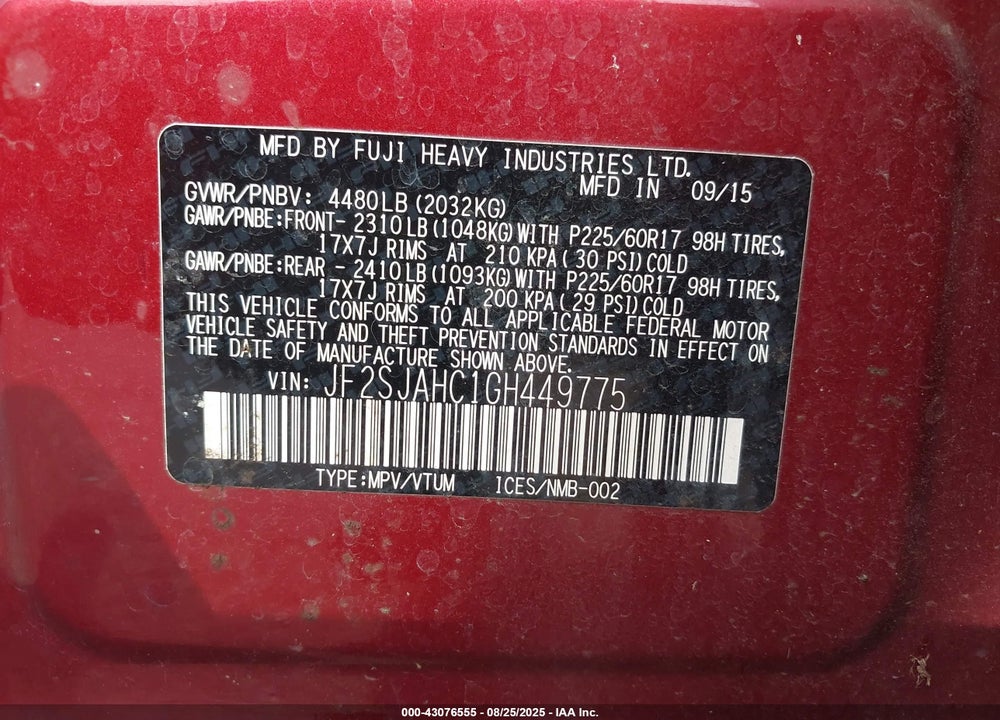 2016 SUBARU FORESTER 2.5I LIMITED VIN: JF2SJAHC1GH449775