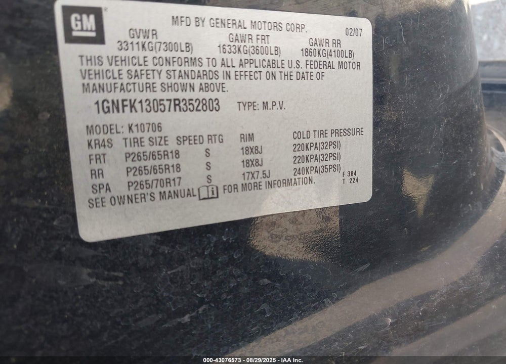 2007 CHEVROLET TAHOE LT VIN: 1GNFK13057R352803