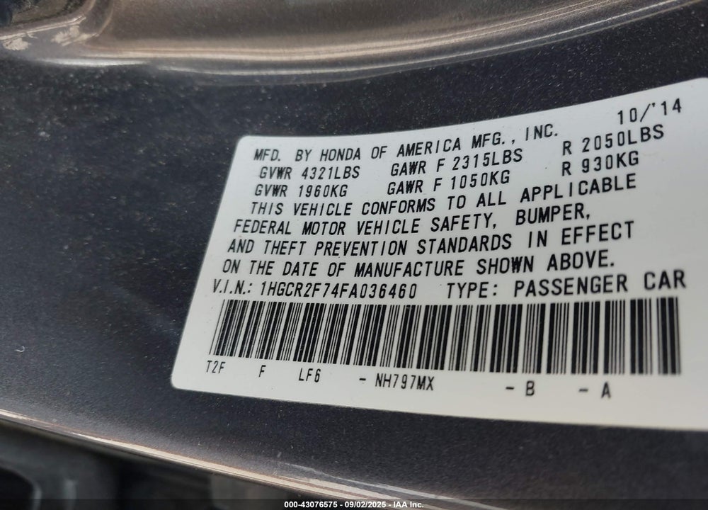2015 HONDA ACCORD EX VIN: 1HGCR2F74FA036460