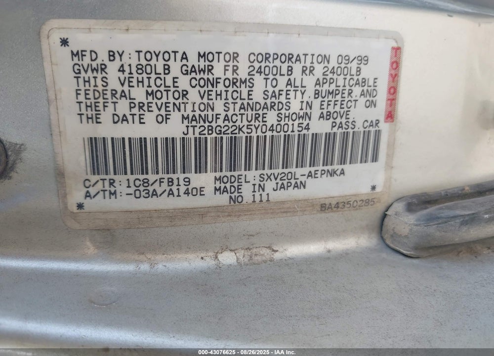 2000 TOYOTA CAMRY LE VIN: JT2BG22K5Y0400154
