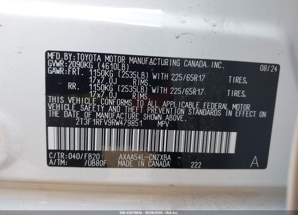 2024 TOYOTA RAV4 VIN: 2T3F1RFV9RW479851