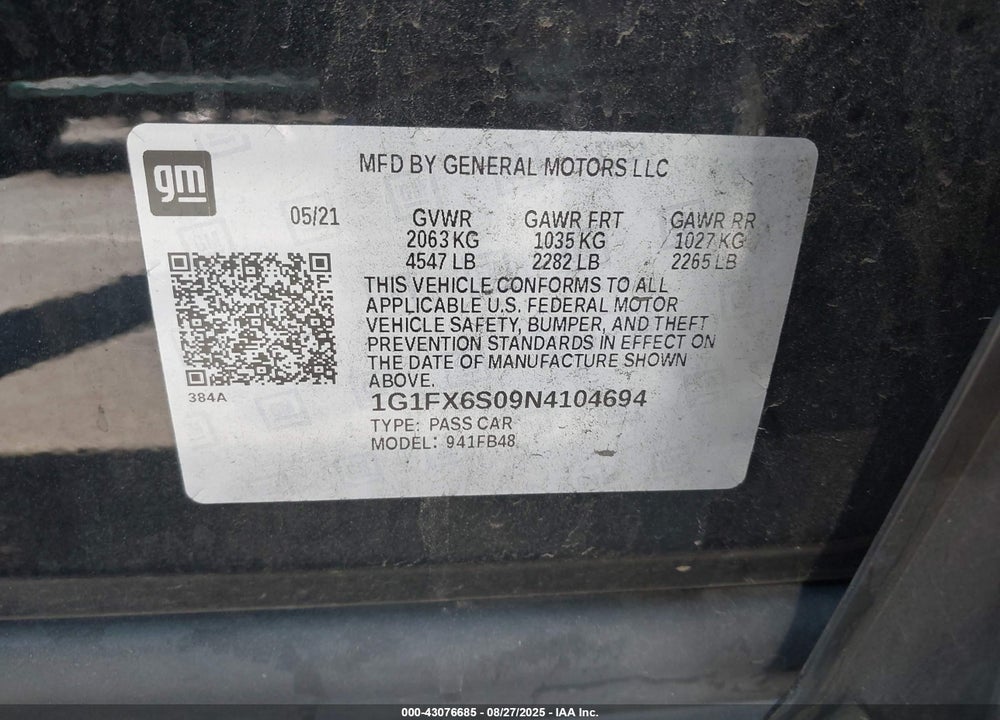 2022 CHEVROLET BOLT EV VIN: 1G1FX6S09N4104694