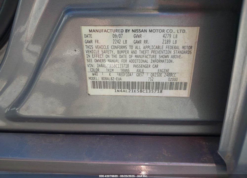 2008 NISSAN ALTIMA 2.5 S VIN: 1N4AL21E58C135718