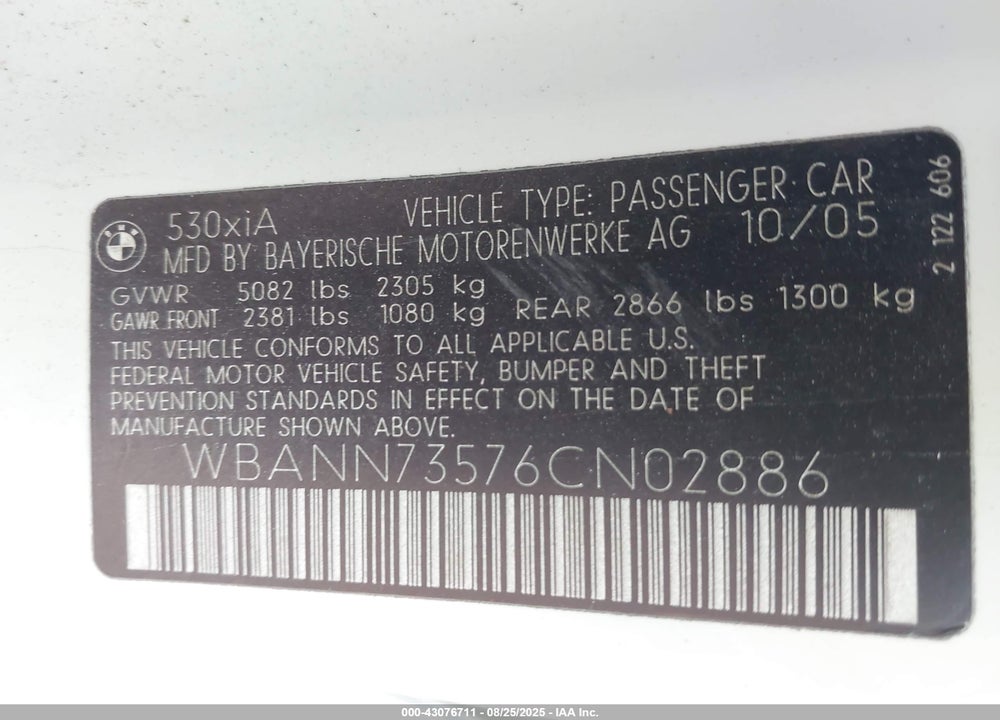 2006 BMW 5 SERIES VIN: WBANN73576CN02886
