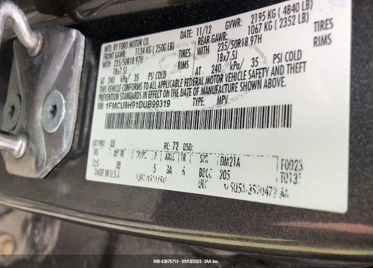 2013 FORD ESCAPE VIN: 1FMCU9H91DUB99319
