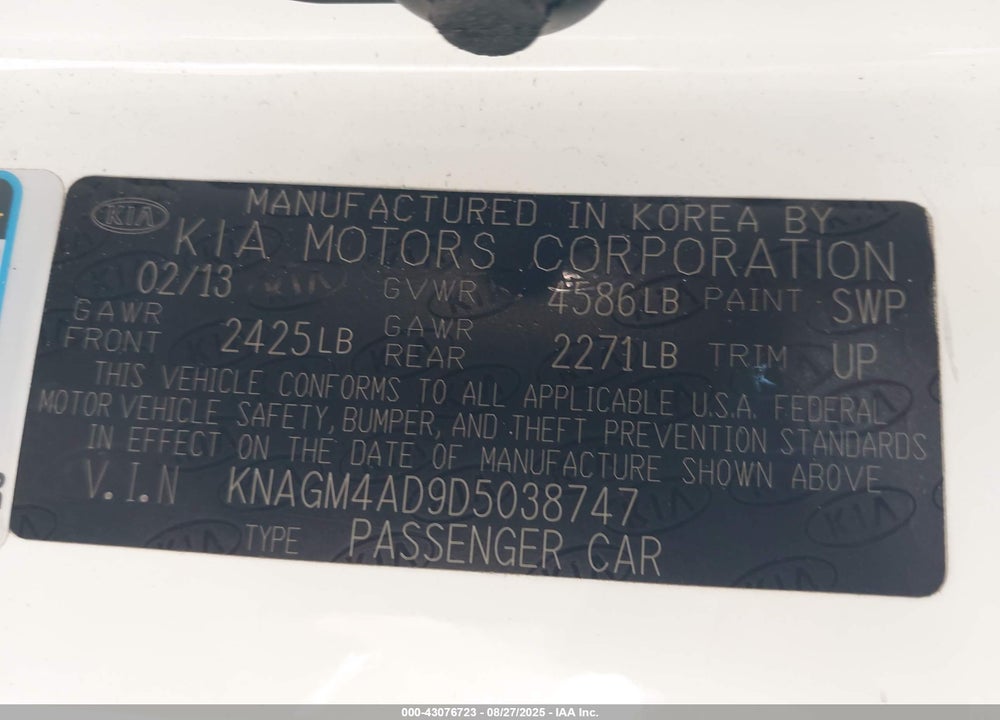 2013 KIA OPTIMA HYBRID VIN: KNAGM4AD9D5038747