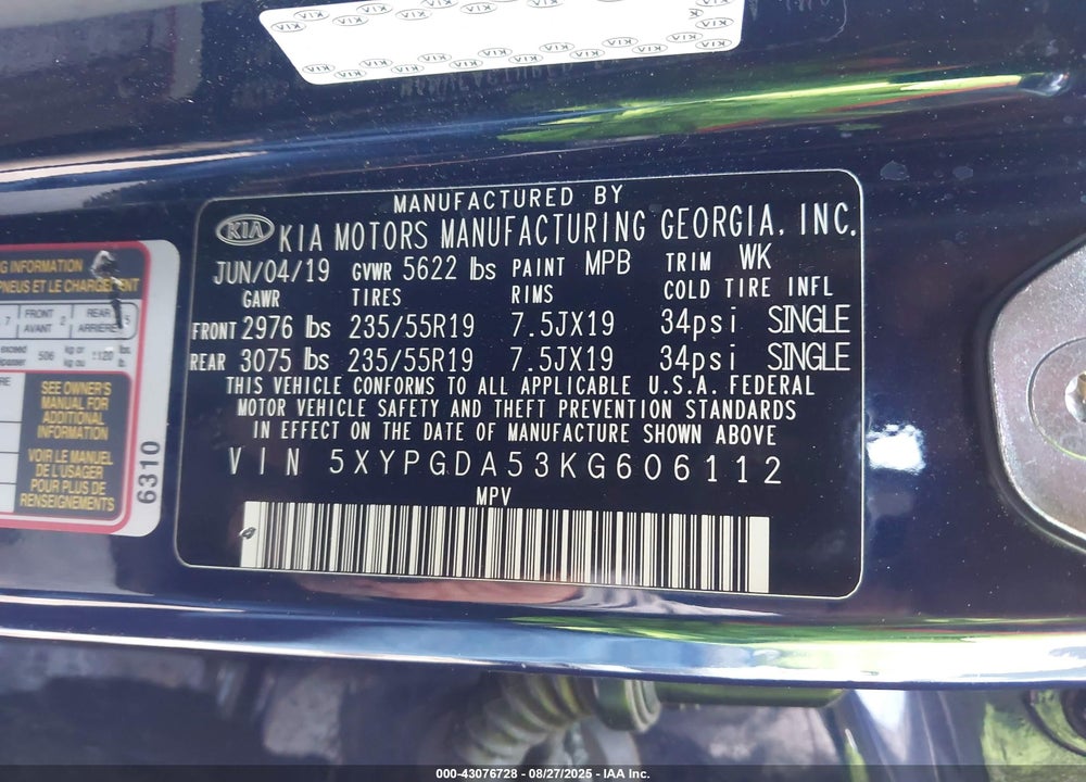 2019 KIA SORENTO 3.3L S VIN: 5XYPGDA53KG606112