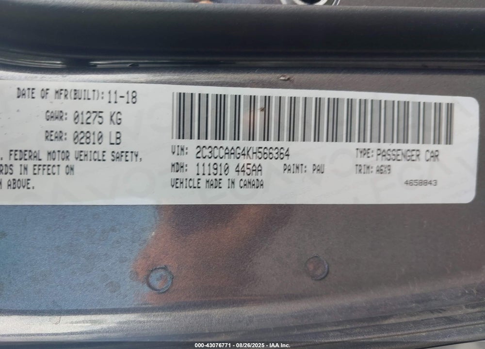 2019 CHRYSLER 300 VIN: 2C3CCAAG4KH566364