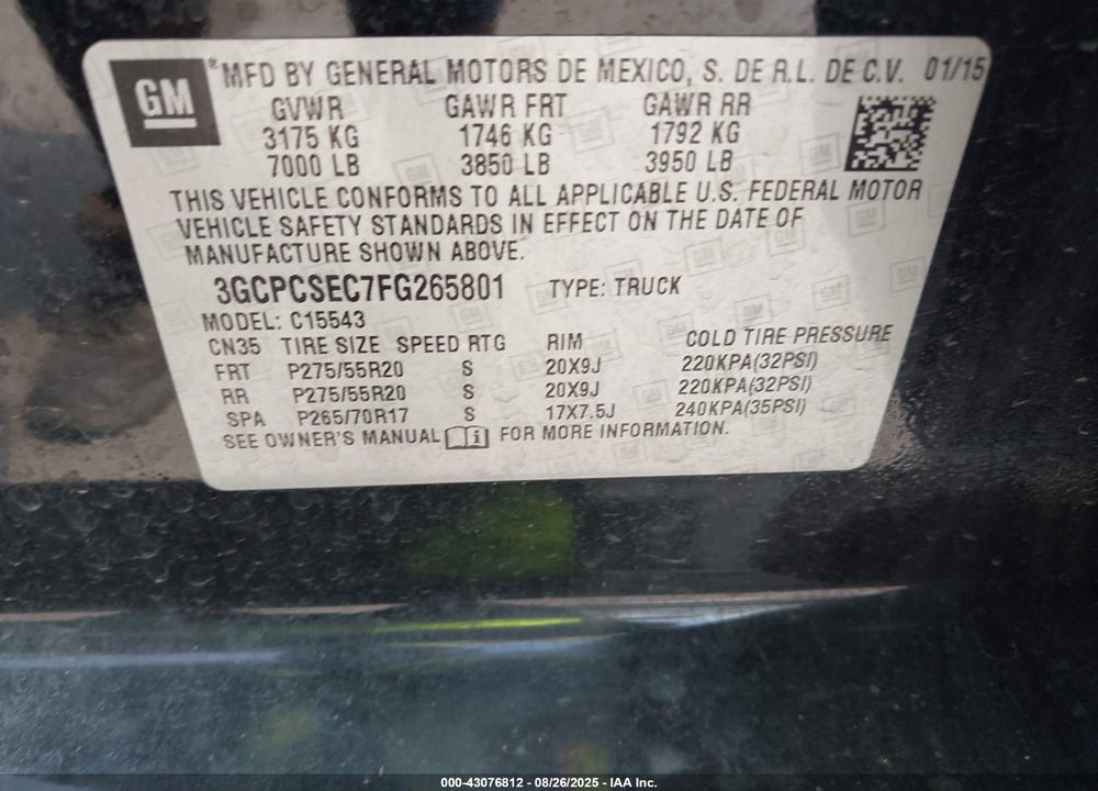 2015 CHEVROLET SILVERADO 1500 VIN: 3GCPCSEC7FG265801