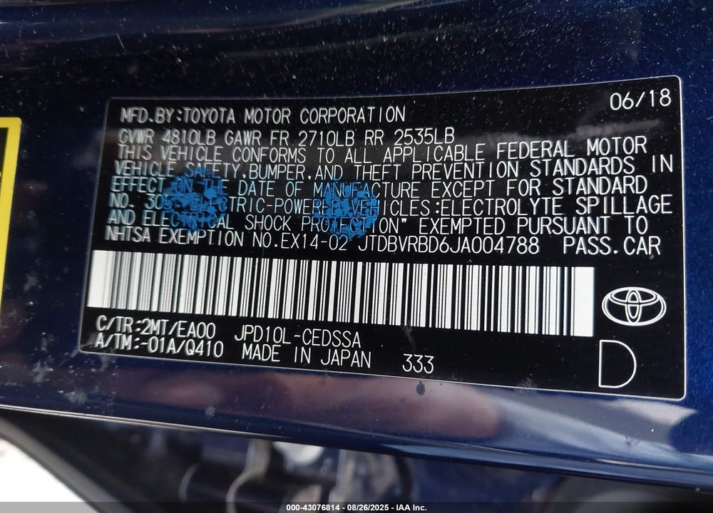 2018 TOYOTA MIRAI VIN: JTDBVRBD6JA004788