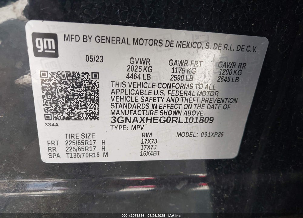 2024 CHEVROLET EQUINOX VIN: 3GNAXHEG0RL101809