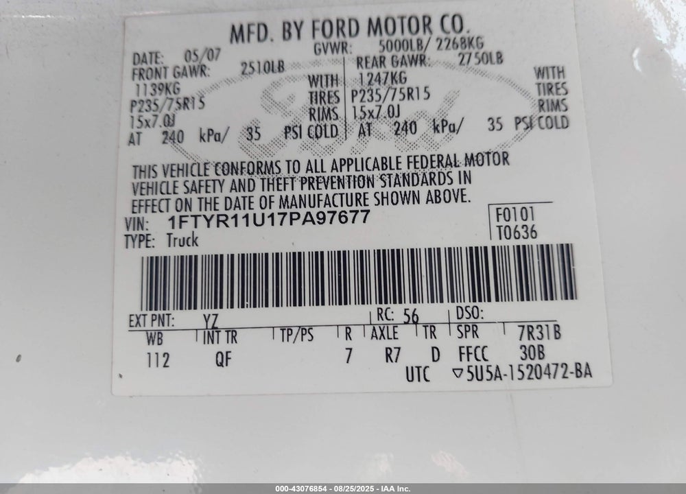 2007 FORD RANGER VIN: 1FTYR11U17PA97677